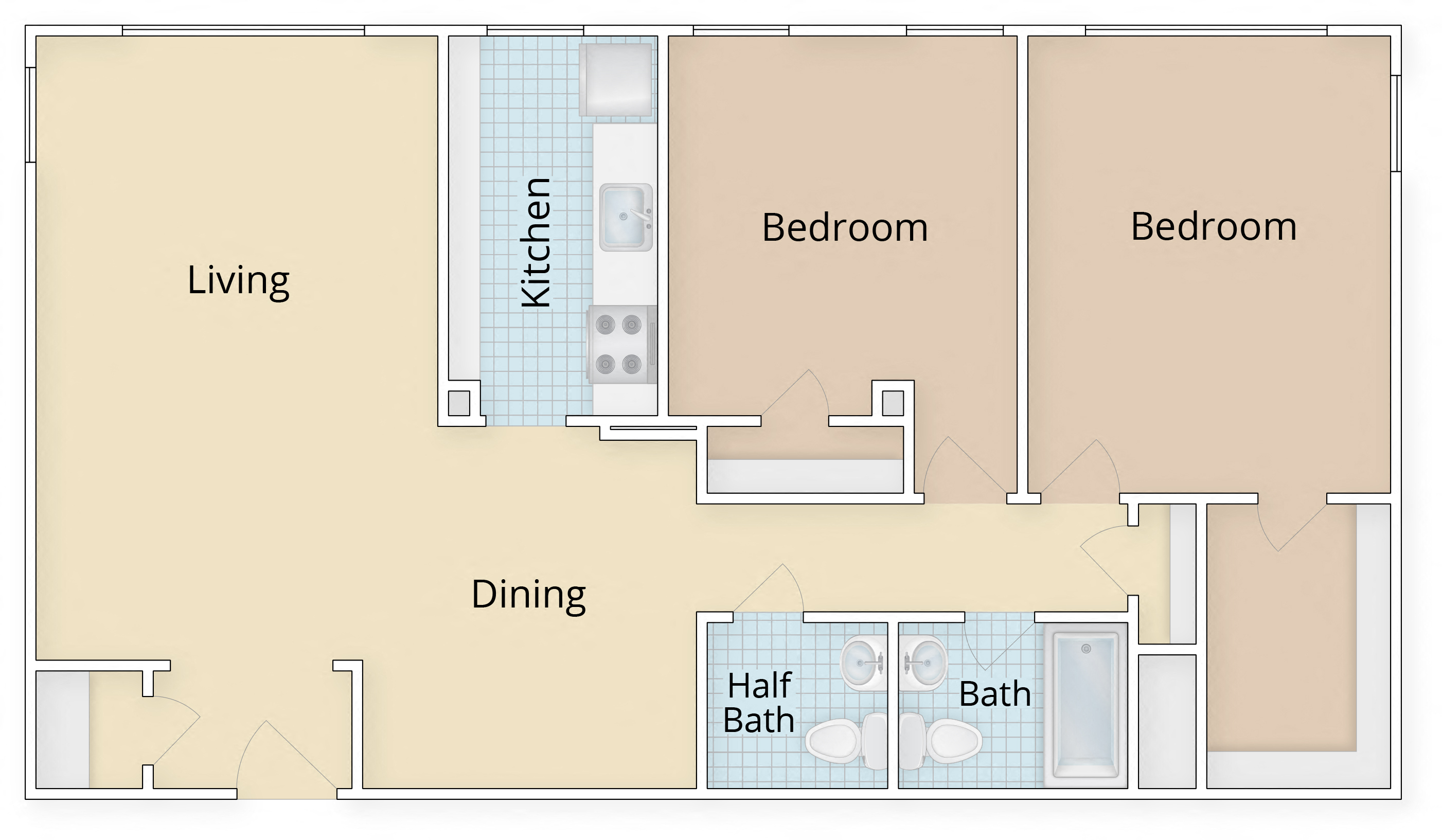 Floor plan for 2 beds, 1.5 baths, 1063 sqft